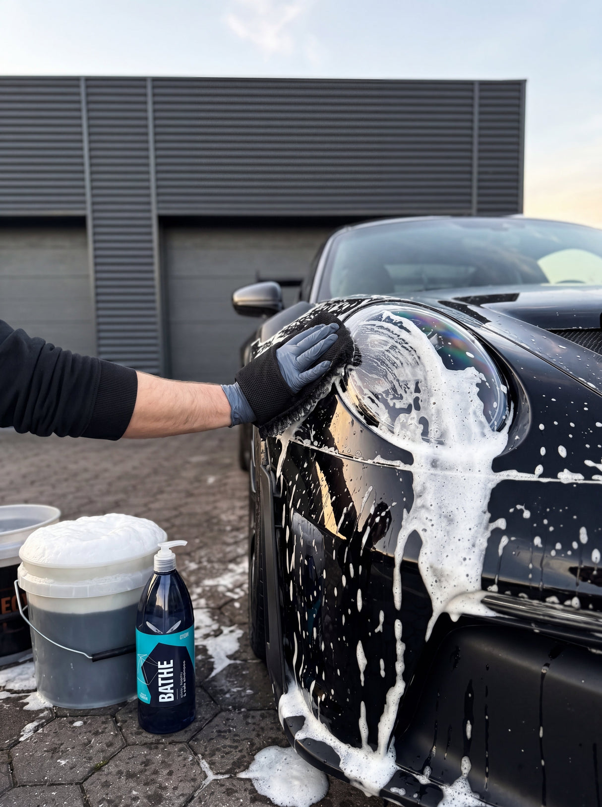 GYEON Q²M Bathe Two-Bucket Schaumwäsche auf schwarzem Porsche