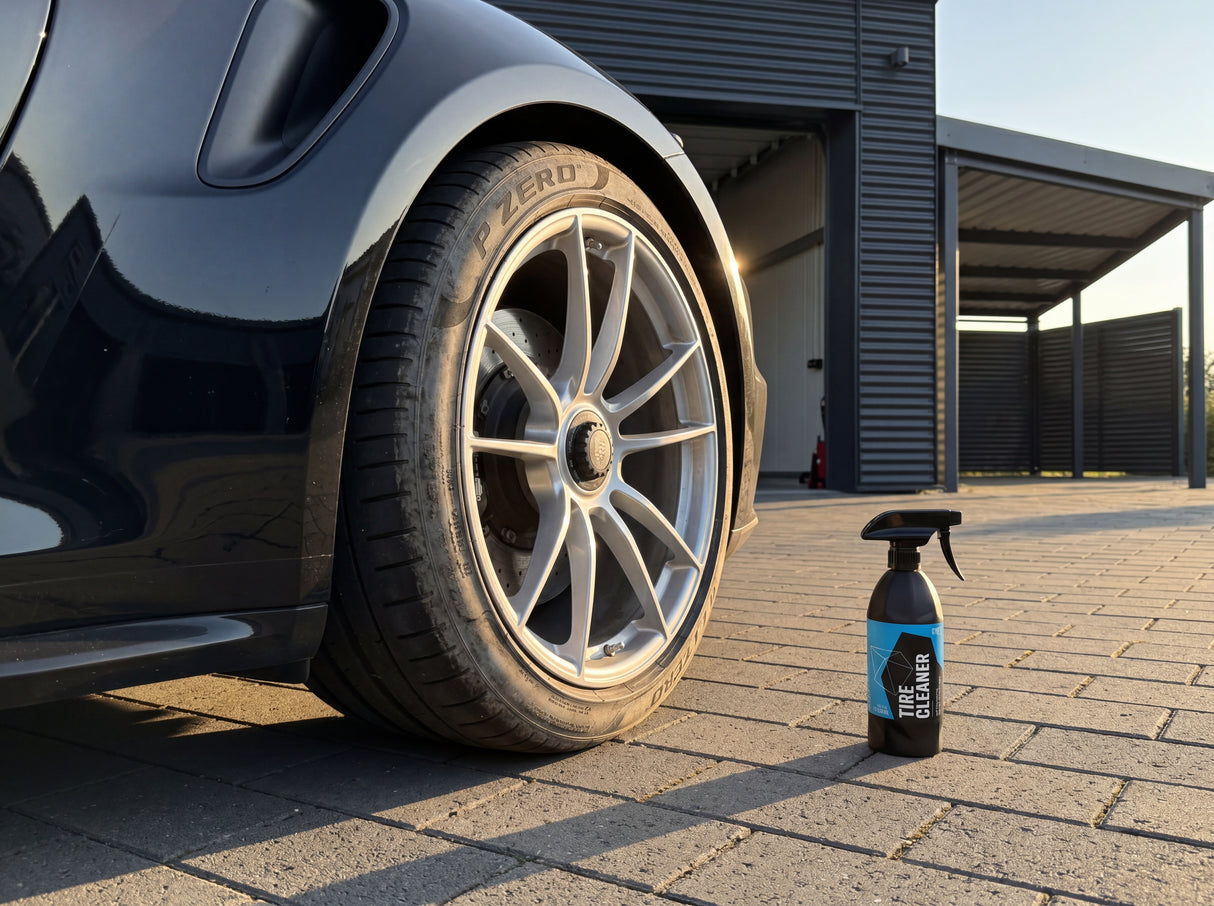 GYEON Q²M TireCleaner auf Reifenflanke vor Detailing-Werkstatt