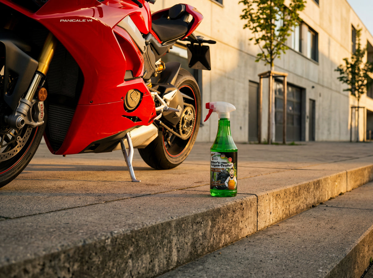 Biker's Felgen-Teufel 1L neben Ducati Panigale V4 auf Betonvorplatz