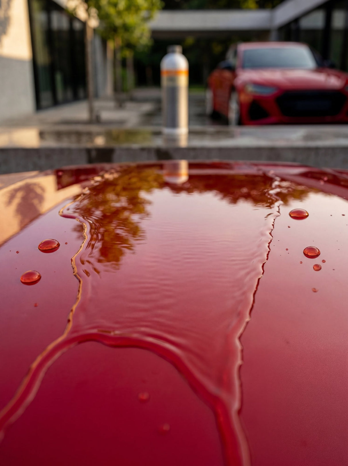 Koch-Chemie Protector Wax Pw Sheeting-Effekt auf roter Motorhaube