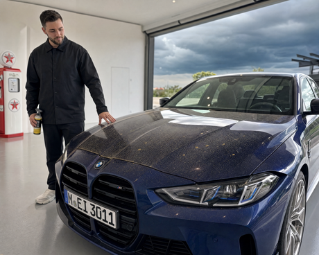 Daniel von Detailing1 spruelt pollenbestaeubten warmen Autolack beruehrungslos mit Snow-Foam-Vorwaesche ab, Sportwagen mit silbernen Felgen in der Halle
