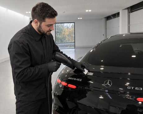 Detailing1 Aufkleber entfernen am schwarzen Mercedes-AMG GT 63 — Föhn erwärmt den Kleber, Kunststoffkarte hebt die Ecke