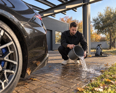 Detailing1 Mycie auta w domu — Daniel wylewa wodę na kostkę pod wiatą obok BMW M5 i sprawdza, dokąd spływa