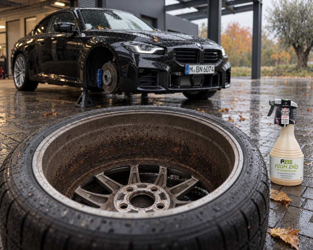 Dr. Wack P21S HIGH END płyn do felg obok zdjętego koła BMW M2 z wypalonym pyłem hamulcowym we wnętrzu felgi