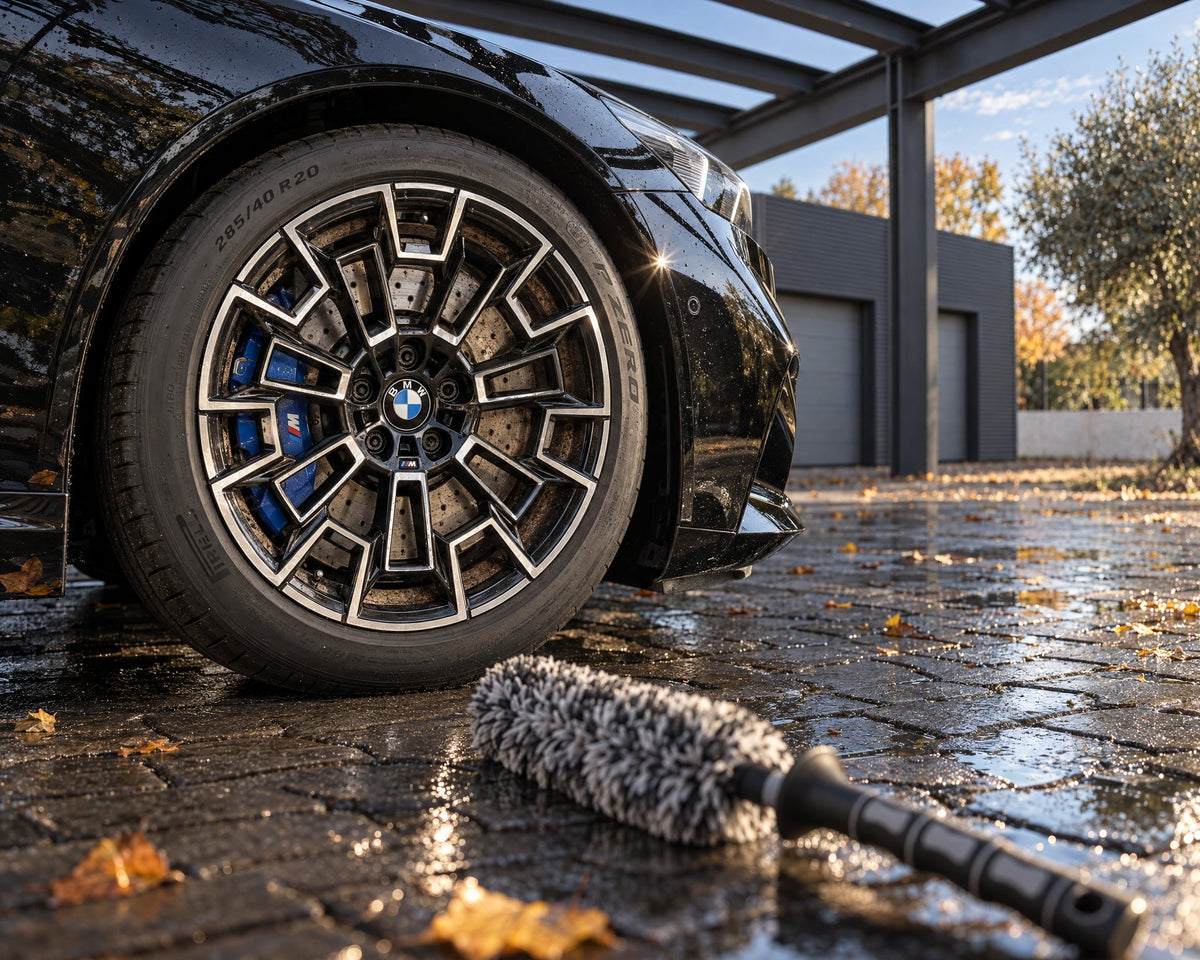 THE COLLECTION Flex Brush szczotka do felg z mikrofibry na mokrym bruku przed zakurzoną felgą czarnego BMW M5
