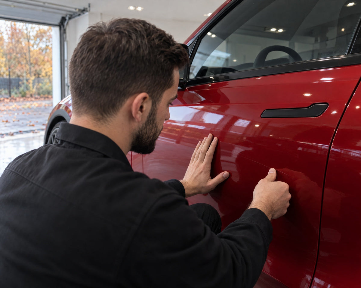 Detailing1 Kratzer wegpolieren — Daniel prüft mit dem Fingernagel einen feinen Kratzer an der roten Tür des Tesla Model Y