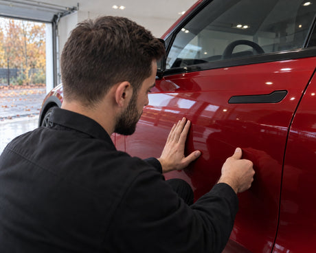 Detailing1 polerowanie rys — Daniel sprawdza paznokciem cienką rysę na czerwonych drzwiach auta Tesla Model Y