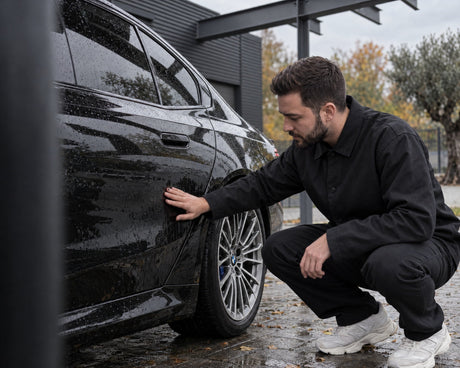 Detailing1 kontrola ochrony lakieru na czarnym BMW M5 — Daniel sprawdza wodę na tylnych drzwiach przed zimą
