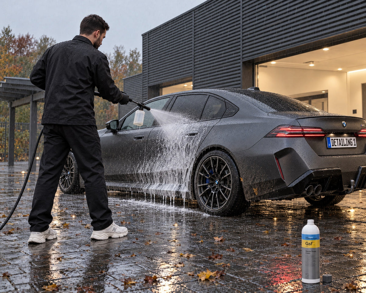 Detailing1 pielęgnacja matowego lakieru — Daniel w deszczu nakłada Koch-Chemie Gentle Snow Foam "Gsf" na matowoszary sedan