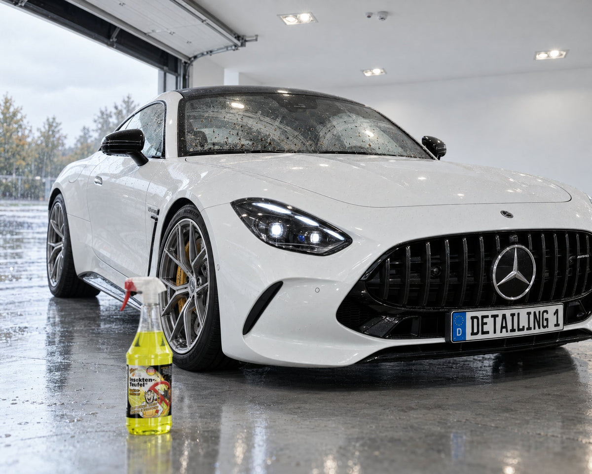 TUGA Chemie Insekten-Teufel vor einem Mercedes-AMG GT mit Insektenresten auf der Frontscheibe — gezeigt im Artikel „5 Gründe, warum die Windschutzscheibe nach dem Sommer Schlieren zieht“