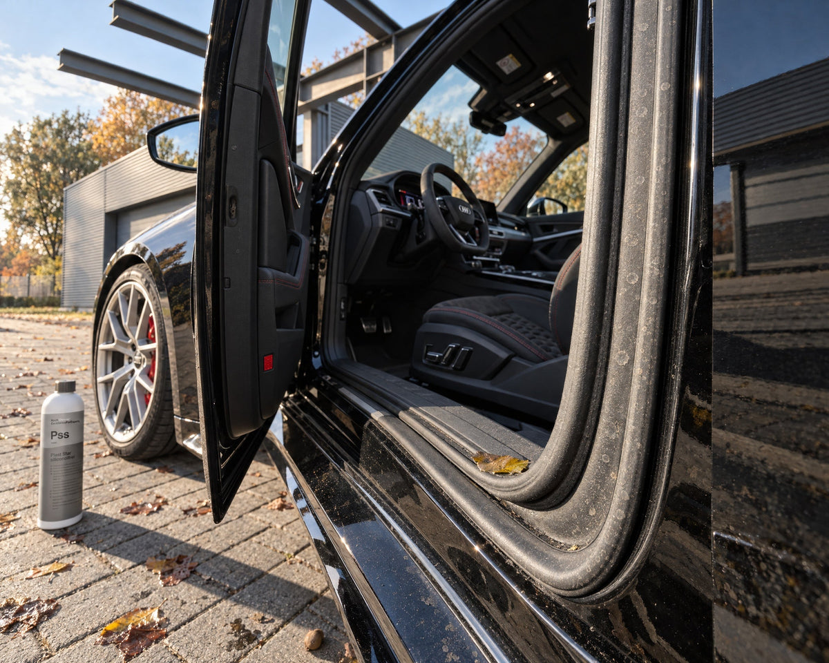 Koch-Chemie Plast Star przy otwartych drzwiach Audi RS 5 z zakurzoną, matową uszczelką przed pierwszym mrozem