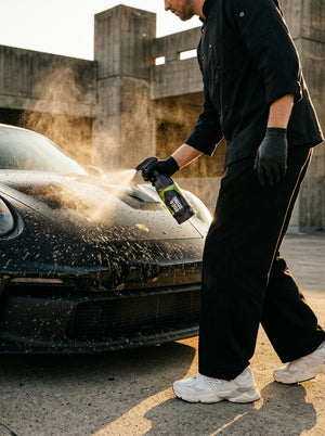 GYEON Q2M Bug Grime wird auf insektenverschmutzte Fahrzeugfront gesprüht – Anwendung