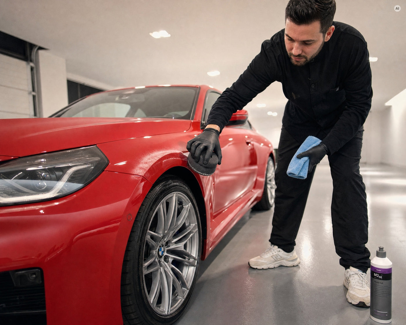 Detailing1 Koch-Chemie Handpolierschwamm "Puck": Handpolitur am roten BMW M2 in der Halle (Desktop)