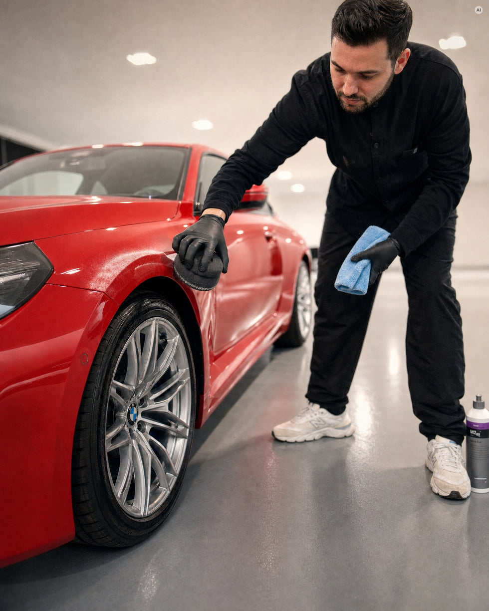 Detailing1 Koch-Chemie Handpolierschwamm "Puck": Handpolitur am roten BMW M2 in der Halle (Mobile)