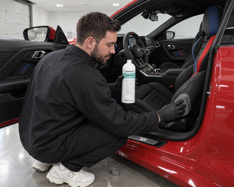 Detailing1 hero: pielęgnacja skóry — COLOURLOCK Leather Care pielęgnuje pigmentowaną skórę gładką fotela BMW M2 (desktop)