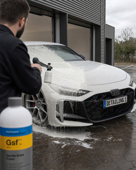 Daniel schäumt mit der Schaumlanze die Front eines weißen Audi RS 5 ein, vorn angeschnitten die Koch-Chemie Gentle Snow Foam 