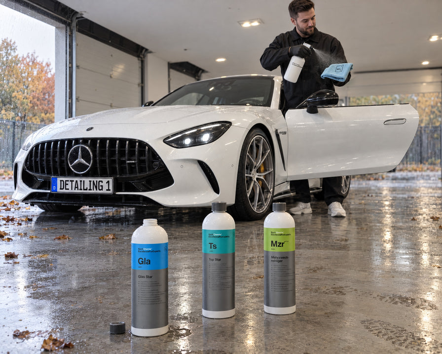 Detailing1 Spotlight: Koch-Chemie Glas Star Gla, Top Star Ts i Mehrzweckreiniger Mzr przed białym Mercedes-AMG GT 63