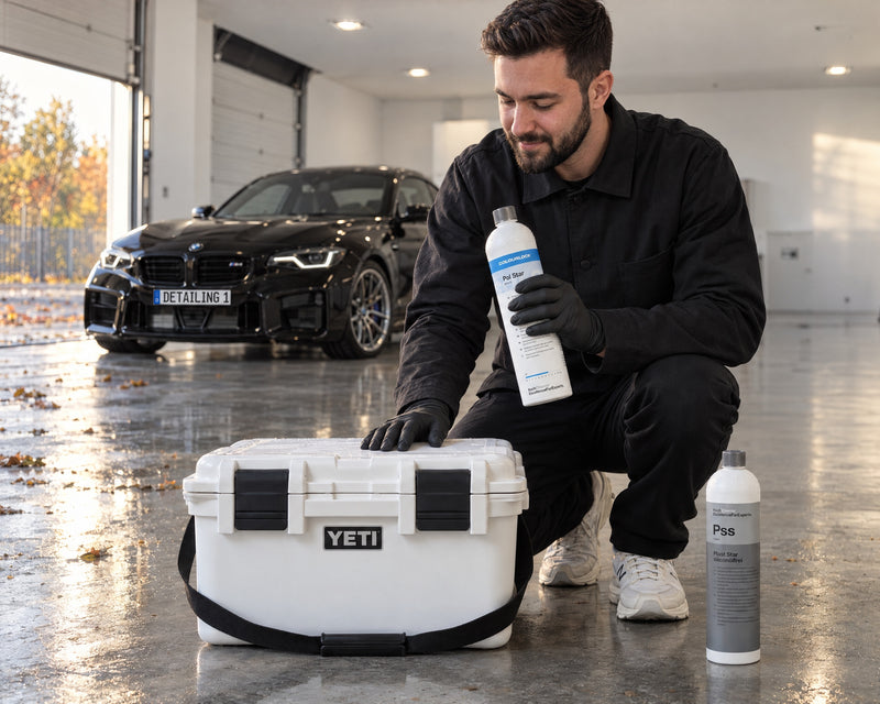 Daniel z Detailing1 z COLOURLOCK Pol Star przy YETI LoadOut GoBox 30, obok Koch-Chemie Plast Star Pss, BMW M2