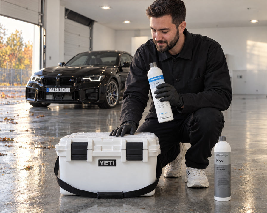 Daniel z Detailing1 z COLOURLOCK Pol Star przy YETI LoadOut GoBox 30, obok Koch-Chemie Plast Star Pss, BMW M2