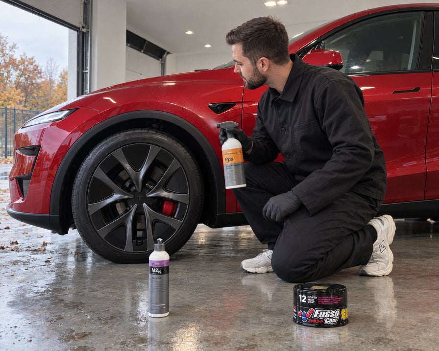 Detailing1 Spotlight: Koch-Chemie Micro Cut M2.02, Pps i Soft99 Fusso Coat na podłodze obok czerwonej Tesli Model Y