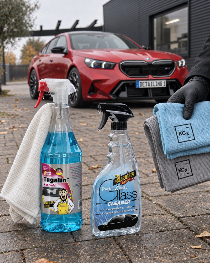 Tugalin Glas-Teufel, Meguiar's Perfect Clarity, GYEON GlassWipe EVO i Koch-Chemie Pro Glass Towel przed BMW M5 — pokazane w artykule „Szyby w aucie parują od środka: dlaczego czysta szyba dłużej zostaje przejrzysta”
