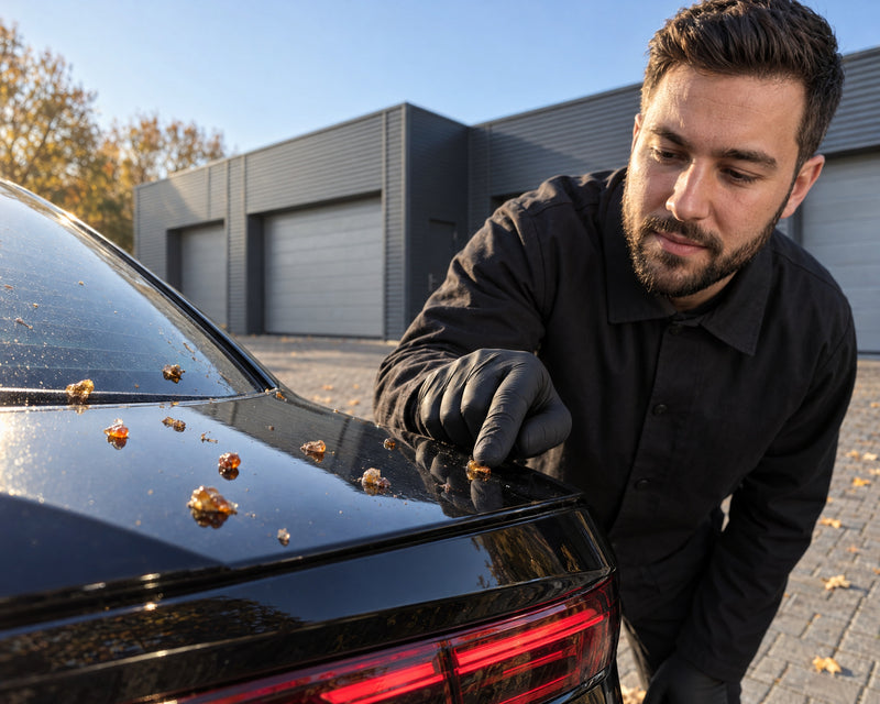 Detailing1 zaschnięta żywica na czarnym Audi RS 5 — Daniel sprawdza twarde krople żywicy na klapie bagażnika