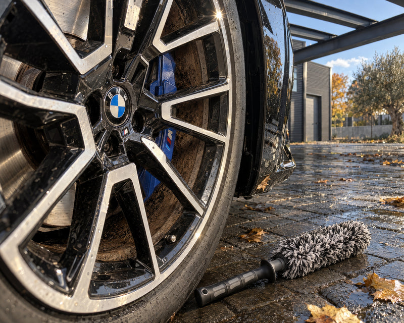 THE COLLECTION Flex Brush szczotka do felg z mikrofibry na mokrym bruku przed zakurzoną felgą czarnego BMW M5