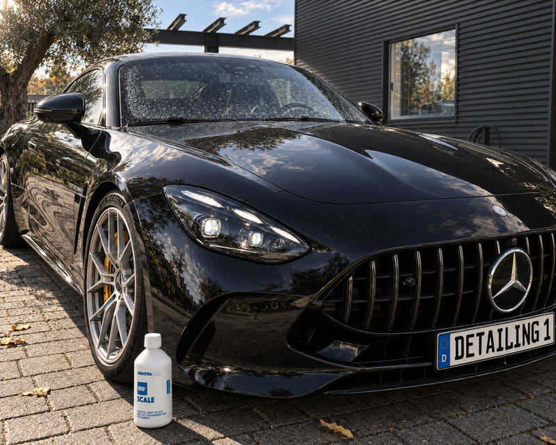 INNOVACAR "100%" Scale przed czarnym Mercedes-AMG GT z białymi plamami z kamienia na przedniej szybie — pokazano w artykule „Jak usunąć kamień z szyby samochodu i nie porysować szkła”