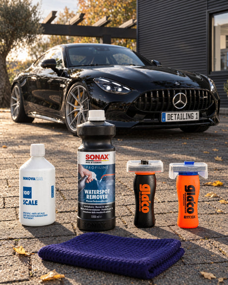 INNOVACAR "100%" Scale, SONAX PROFILINE Waterspot Remover, Soft99 Glaco Glass Compound Roll On, Soft99 Glaco DX i THE COLLECTION "Waffle" przed Mercedes-AMG GT — pokazano w artykule „Jak usunąć kamień z szyby samochodu i nie porysować szkła”