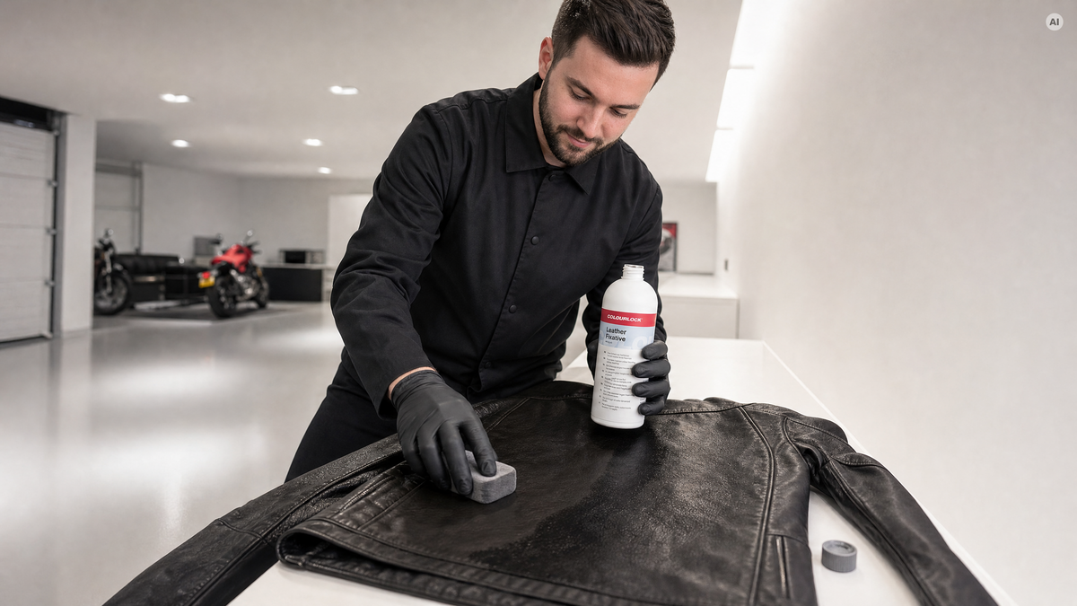 Fixierer-Auftrag auf der Lederjacke — Farbfixierer von COLOURLOCK bei Detailing1