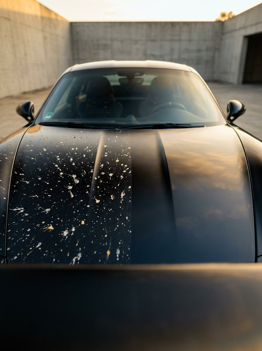 Vorher-Nachher Vergleich einer insektenverschmutzten Motorhaube nach Bug Grime Behandlung